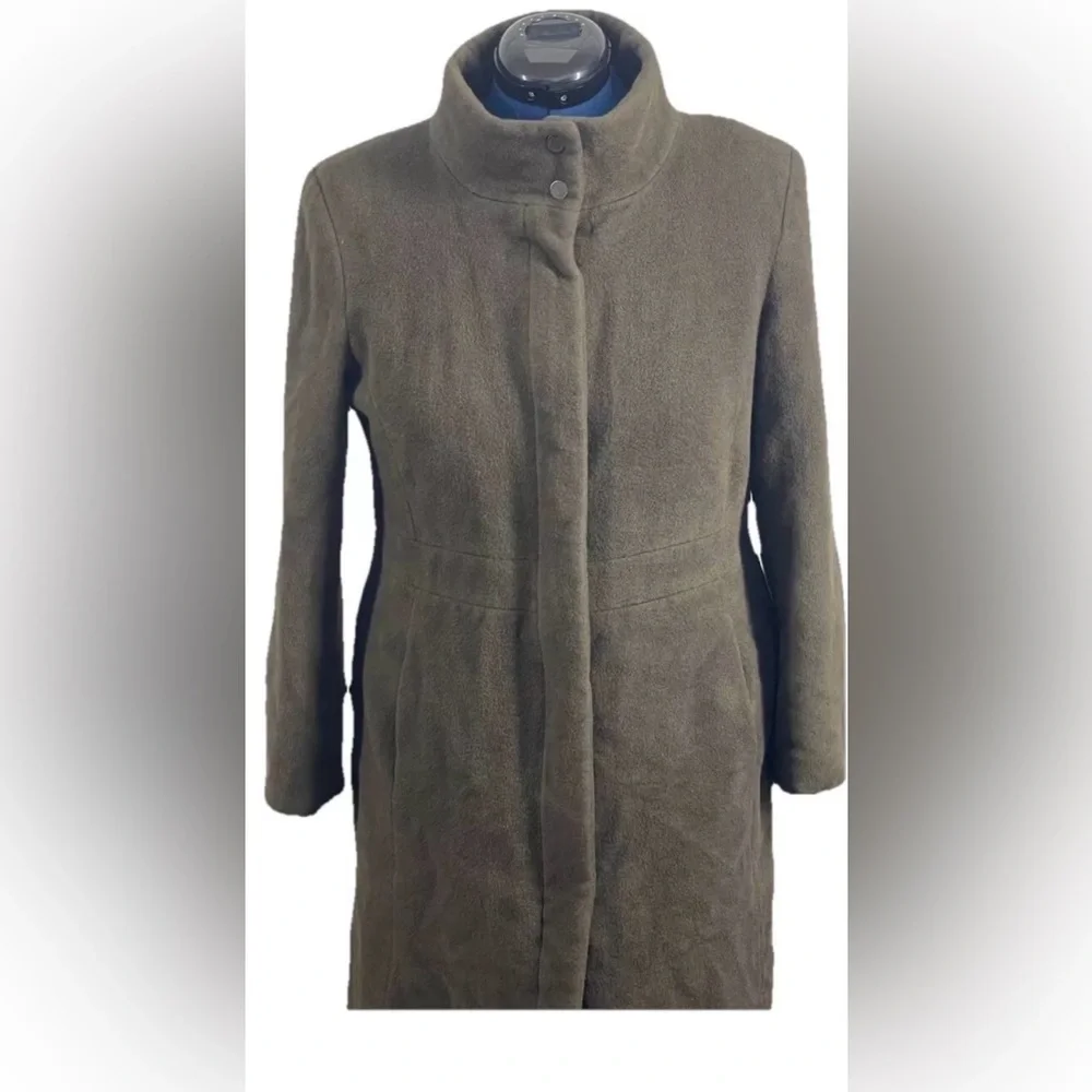 Calvin Klein Angora Wool Blend Trench Coat Olive Green Sz L Mob Wife Mock Neck‎
